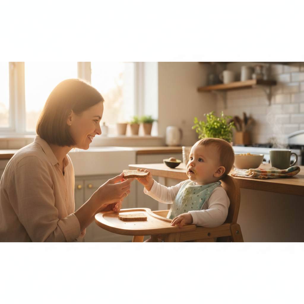 Mother feeding baby wheat toast strip for safe gluten introduction guide for new parents
