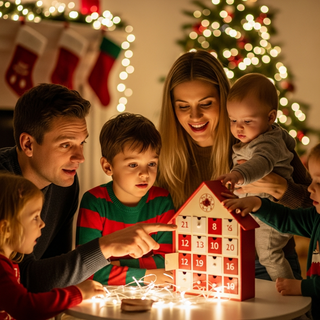 Child using advent calendar to learn about counting and time before Christmas