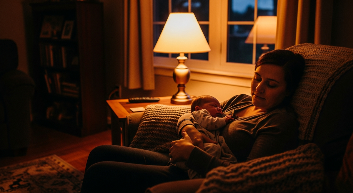 Exhausted parent cradling newborn during witching hour in dimly lit living room, warm evening tones