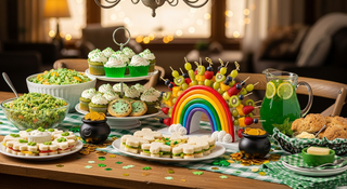St. Patrick's Day food ideas for kids featuring green treats and rainbow snacks on festive table