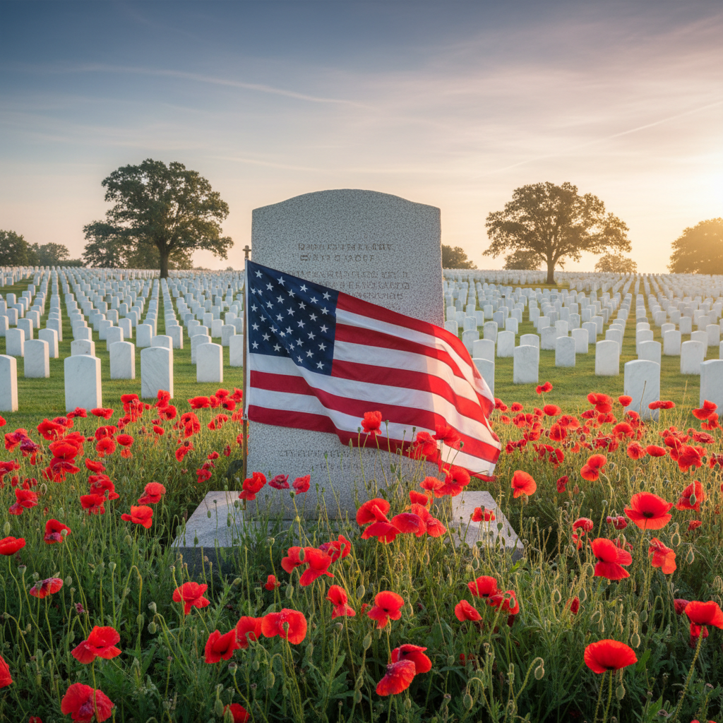Memorial Day quotes tribute with American flag and red poppies at national cemetery
