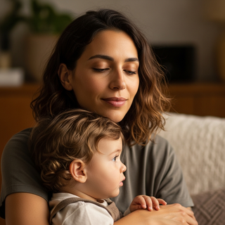 Calm parent taking deep breath with peaceful toddler in warm home setting
