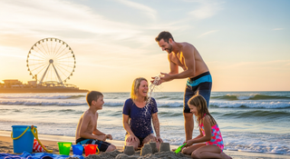 Family enjoying Myrtle Beach oceanfront with SkyWheel observation wheel