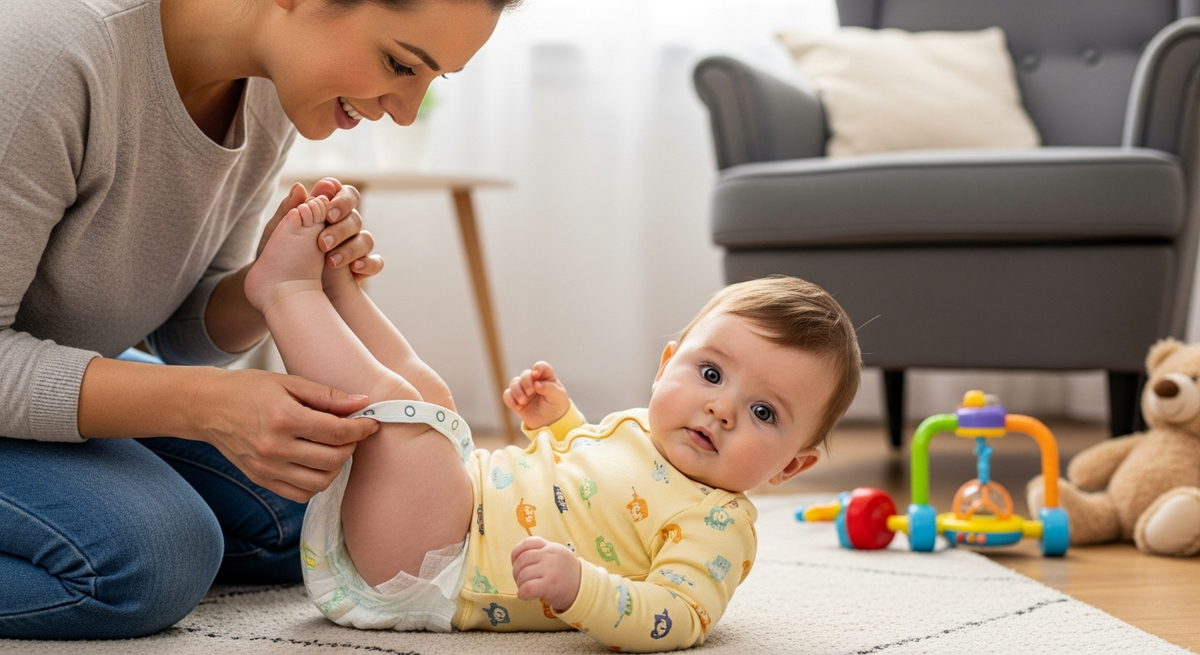 Baby diaper change guide illustration showing easy-change clothing for parents