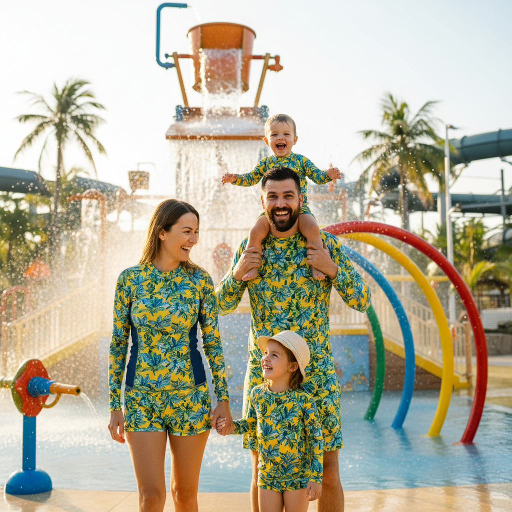 Family in matching swimwear enjoying a sunny day at a water park splash pad