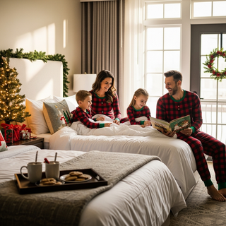 Family in matching Christmas pajamas preparing for hotel bedtime during travel
