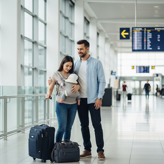 Family traveling with newborn at airport terminal
