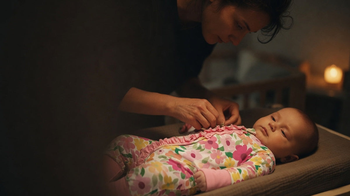 Parent changing a baby at 2 a.m. in dim nightlight, wearing a zip-front sleepsuit