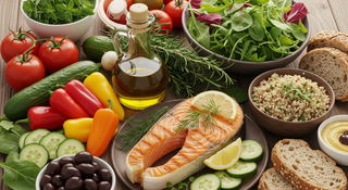 Mediterranean diet fertility foods including vegetables, fish, olive oil, and whole grains