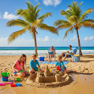 Family enjoying spring break vacation at sunny beach destination with kids playing in warm weather