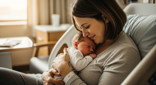 Baby coming home outfit history guide with mother holding newborn in milestone outfit