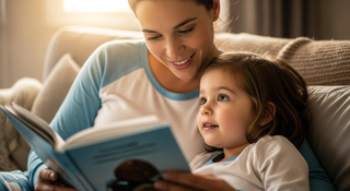 Parent and child in cozy pajamas reading bedtime story together