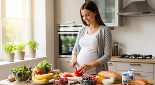Nutrition During Pregnancy: Complete diet guide showing healthy pregnancy foods including fruits, vegetables, proteins and grains for expecting mothers