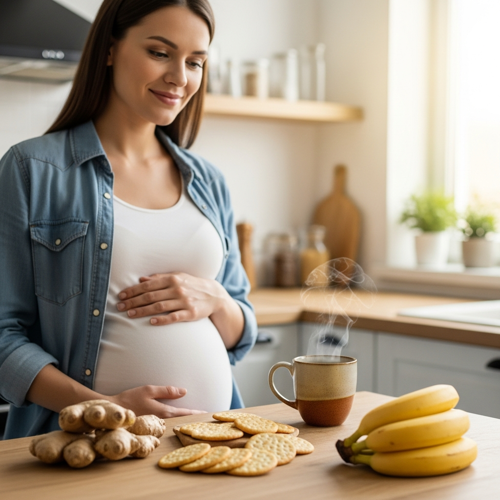 First trimester anti-nausea recipes guide with ginger, crackers, and herbal tea for pregnant women