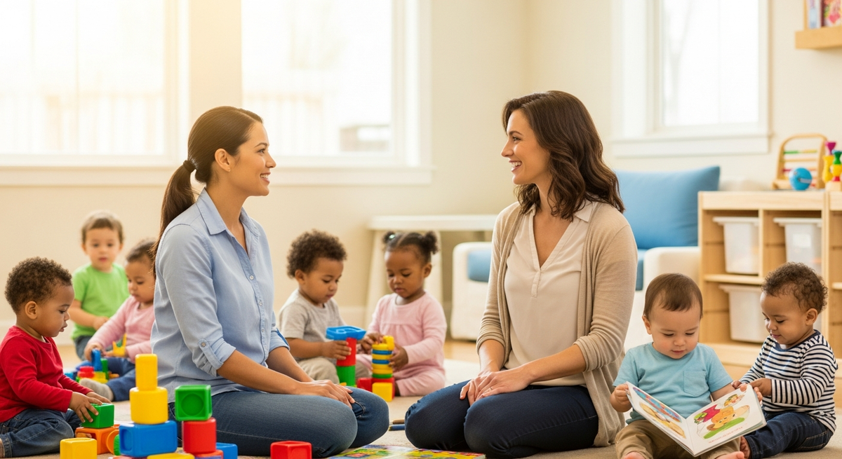 How to choose a daycare guide showing parent touring welcoming childcare center with caregiver