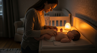 Nighttime diaper changing guide illustration showing mother with baby in softly lit nursery