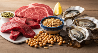 Zinc-rich ingredients for pregnancy immune support including beef, oysters, pumpkin seeds, and chickpeas