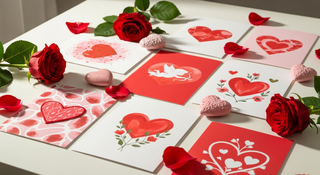 Colorful Valentine's Day cards collection spread on table with roses