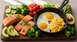 Choline-rich pregnancy foods including eggs, salmon, broccoli, and beef for brain development