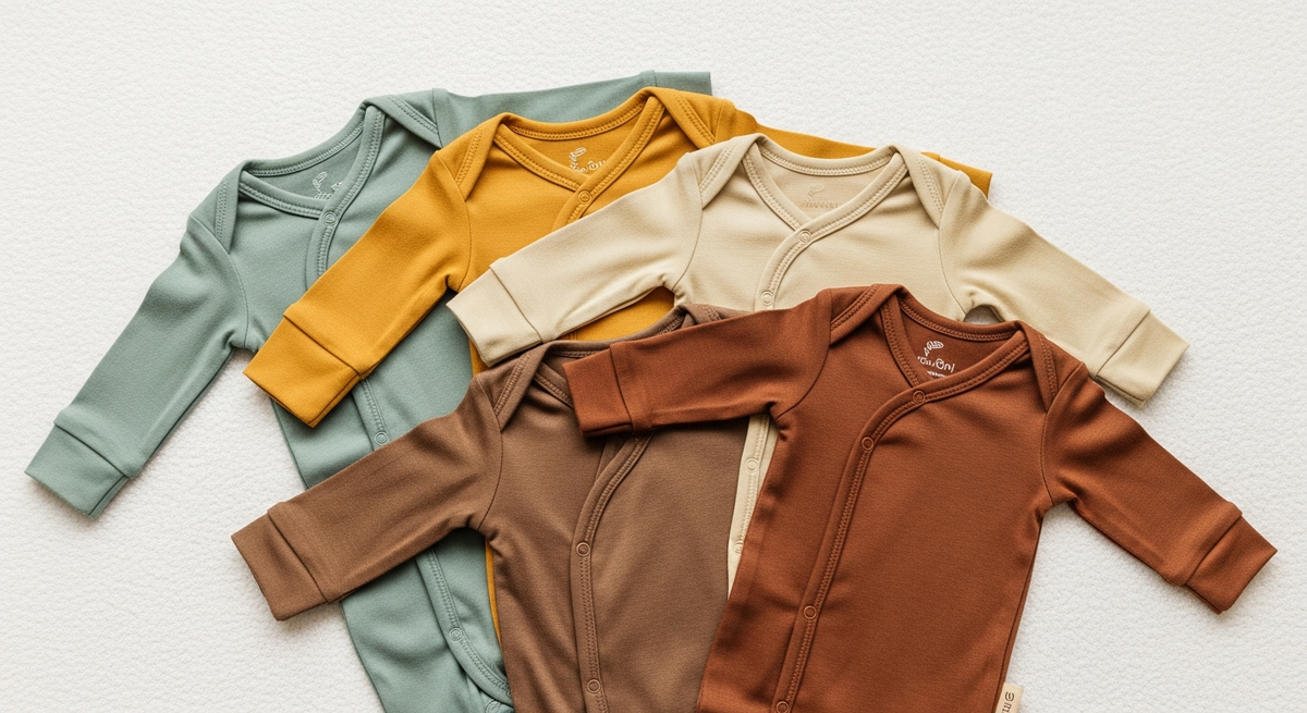 Gender neutral bamboo baby sleepers in earth tones for minimalist parents