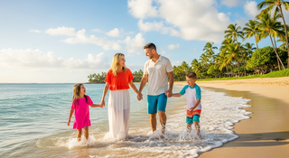 Hawaii family vacation guide with parents and kids on tropical beach
