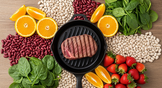 Iron-rich foods spread for fertility guide - beef, spinach, beans, and citrus fruits