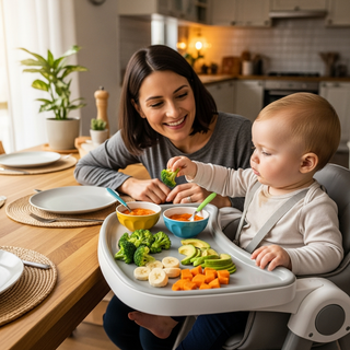 Mother and baby at family dining table for BLW vs Traditional Weaning guide for parents