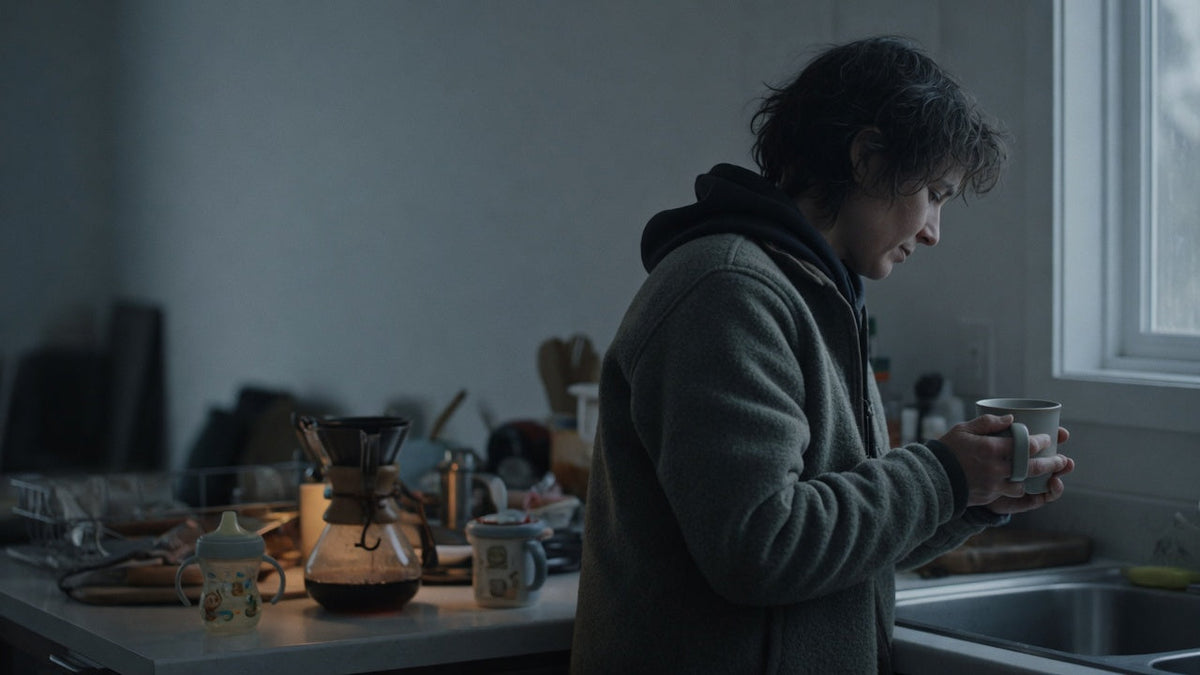 Parent standing alone in a quiet kitchen at 5 a.m. in pre-dawn light