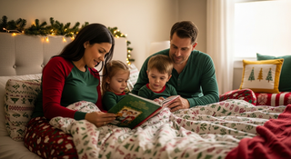 Holiday bedtime rituals guide with family matching Christmas jammies tradition