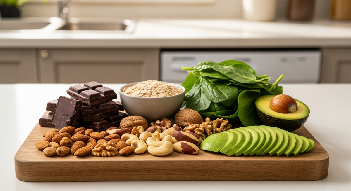 magnesium rich foods for pregnancy including spinach dark chocolate nuts avocado