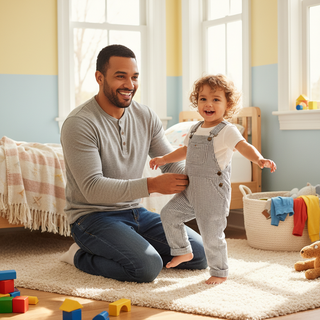 Dad confidently helping child get dressed at home, guide for fathers on dressing kids