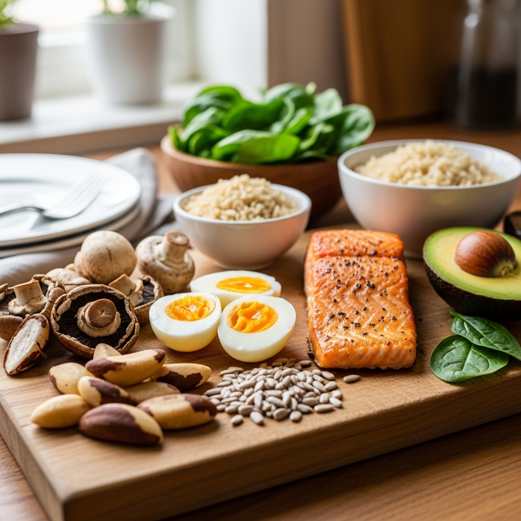 Selenium-rich foods including Brazil nuts salmon and eggs for thyroid health during pregnancy