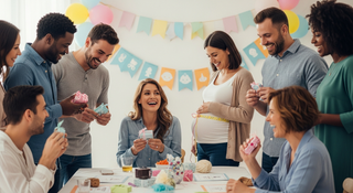 Baby shower games celebration with guests laughing at festive party