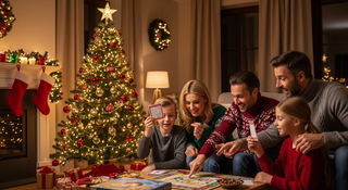 Christmas tree trivia quiz with family gathered around decorated tree