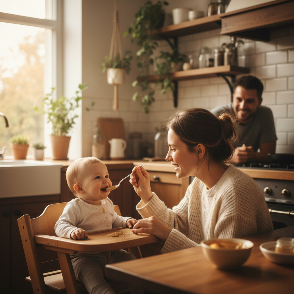 Introducing sesame to baby guide illustration showing mother feeding tahini to infant