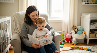 Peppa Pig baby names guide with mother and child reading in nursery for family naming inspiration