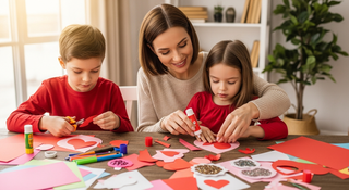 Happy children making Valentine's Day crafts together with hearts, glitter, and construction paper