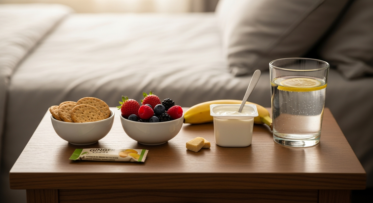 First trimester meal guide with small frequent pregnancy snacks on bedside table