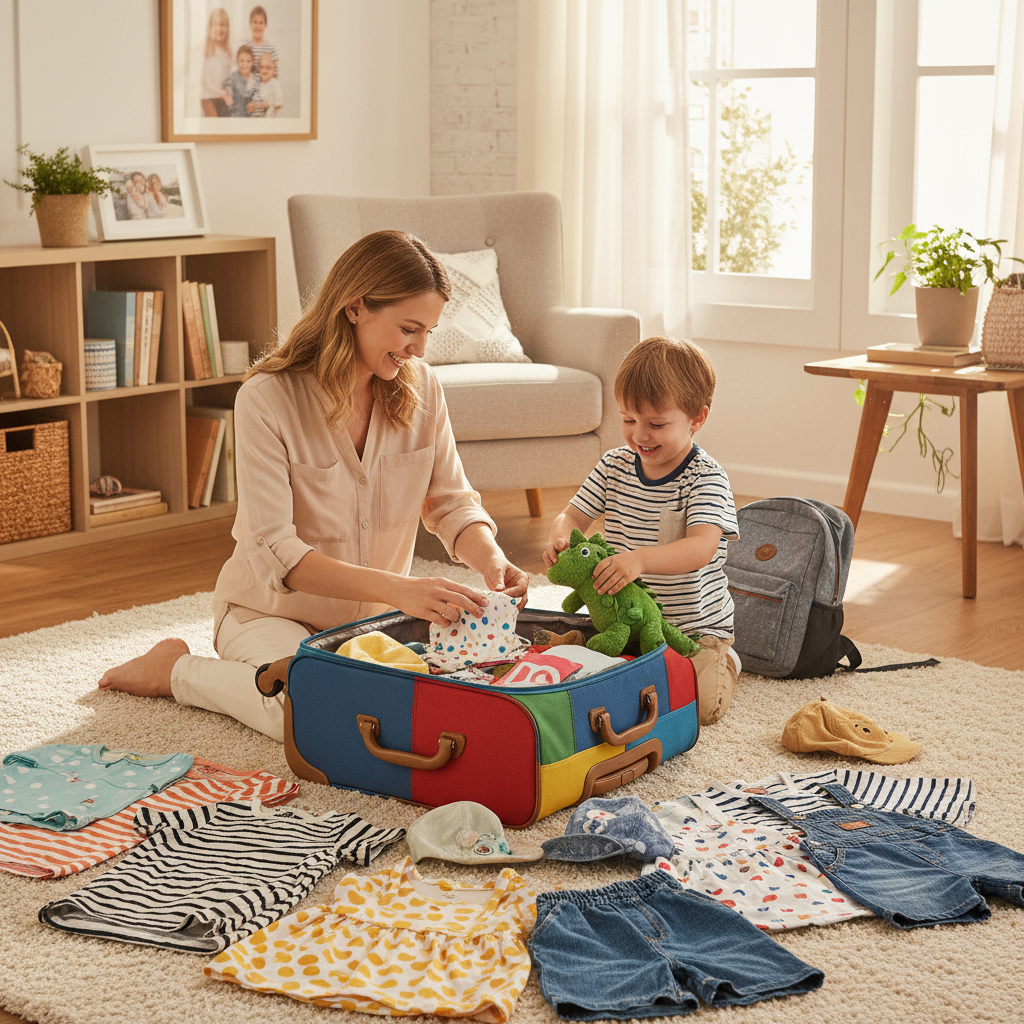 Packing light kids travel outfits guide parent and child preparing suitcase for family vacation