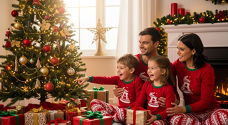 Happy family in matching Christmas pajamas celebrating Christmas morning traditions guide