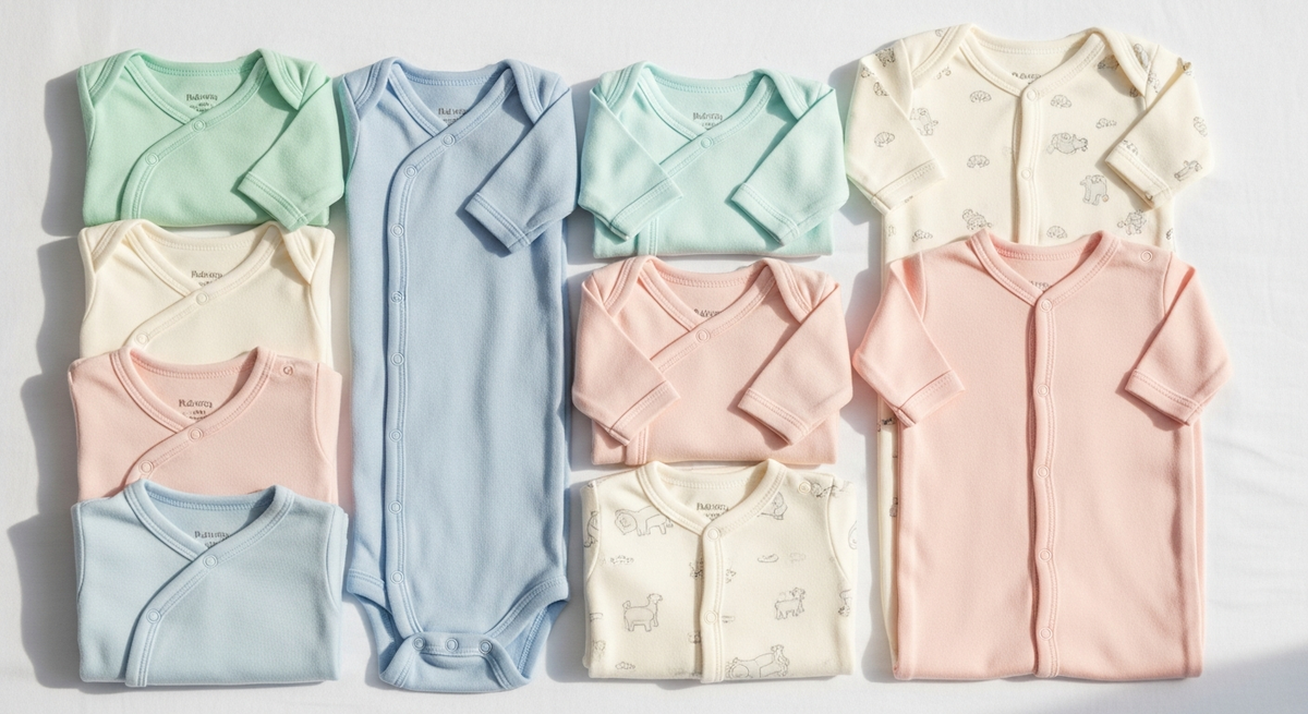 Complete baby clothes checklist essentials including bodysuits, sleepers, and infant gowns