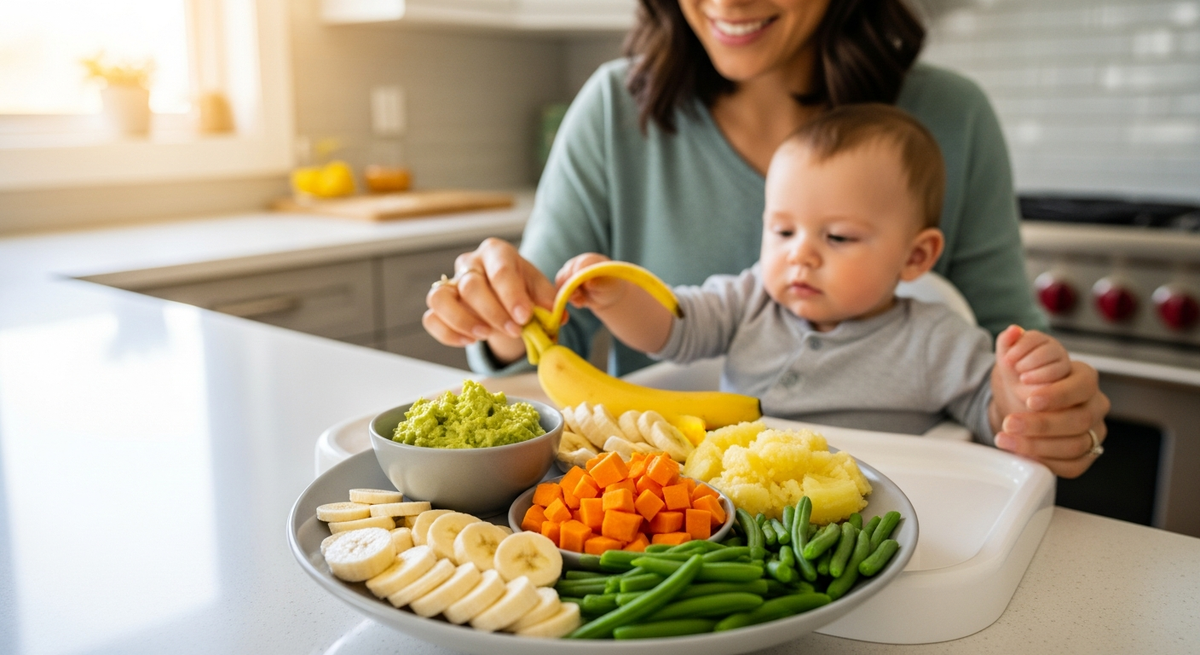 Healthy baby snack recipes guide with colorful nutritious foods for babies 8 months and up