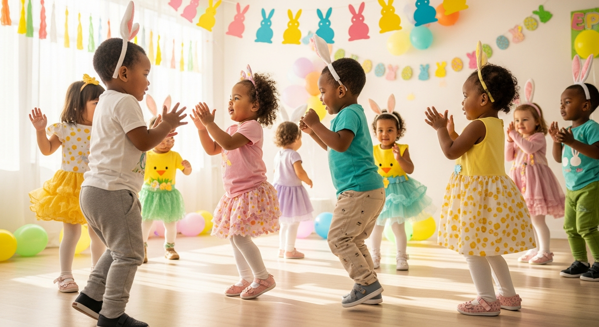 Easter toddler dance party guide with children in pastel outfits