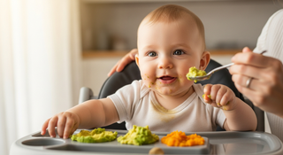 Baby first foods guide - happy 6 month old eating solid foods in high chair