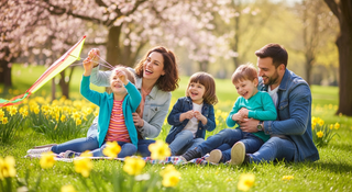 Family enjoying fun spring break activities outdoors in park