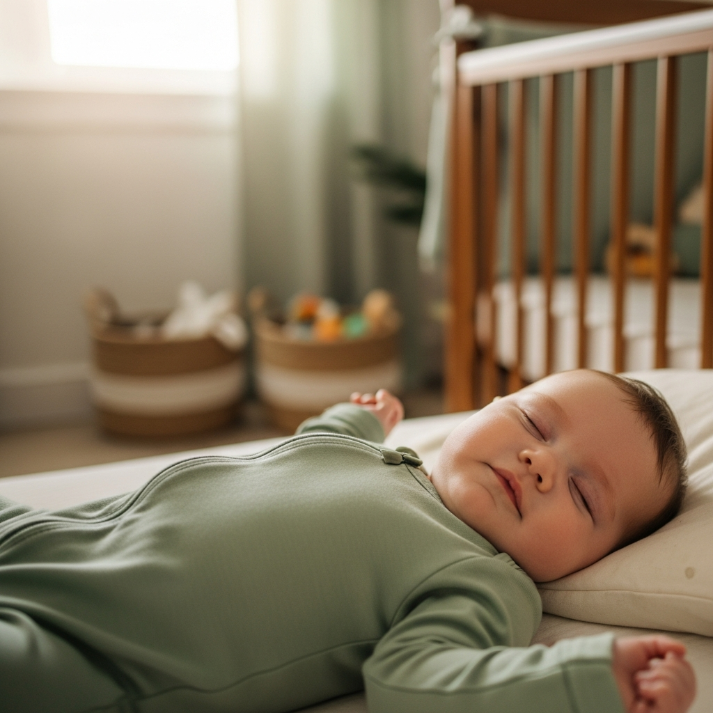 Baby with eczema wearing soft bamboo sleeper for comfortable sleep