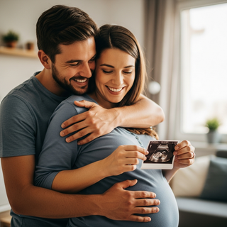 Pregnancy milestones guide illustration showing happy expecting couple celebrating journey