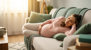 Pregnant woman resting comfortably dealing with pregnancy fatigue