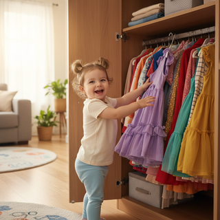 Toddler girl choosing her favorite dress from closet, child clothing autonomy guide for parents