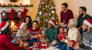 Diverse international people celebrating American Christmas traditions together